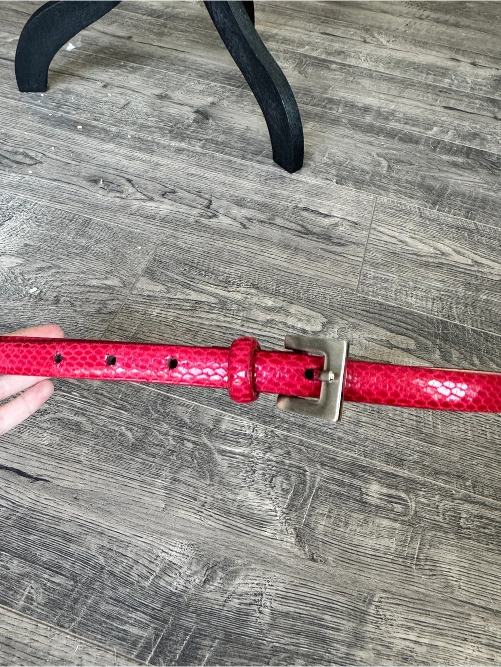 Slim Red Faux-Snakeskin Leather Waist Belt with Silver Buckle